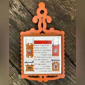 Vintage "Rules of this Tavern" Orange Painted Cast Iron Trivet! (Made in Japan)